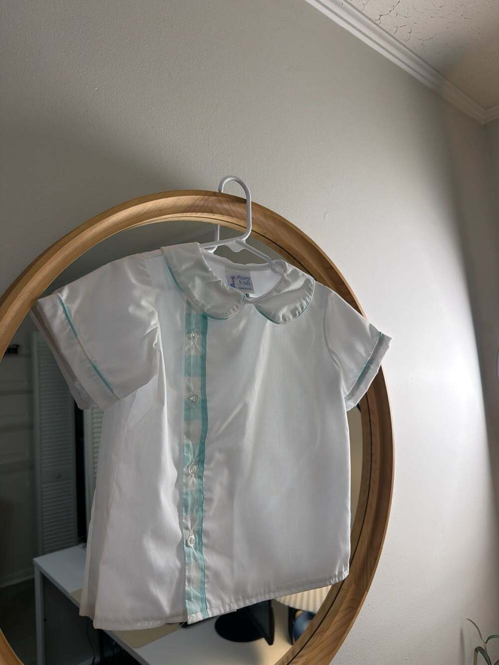 Anvy Kids Toddler Boy White Pique Short Sleeve Shirt with‎ Aqua Check Trim 4T - Picture 2 of 7
